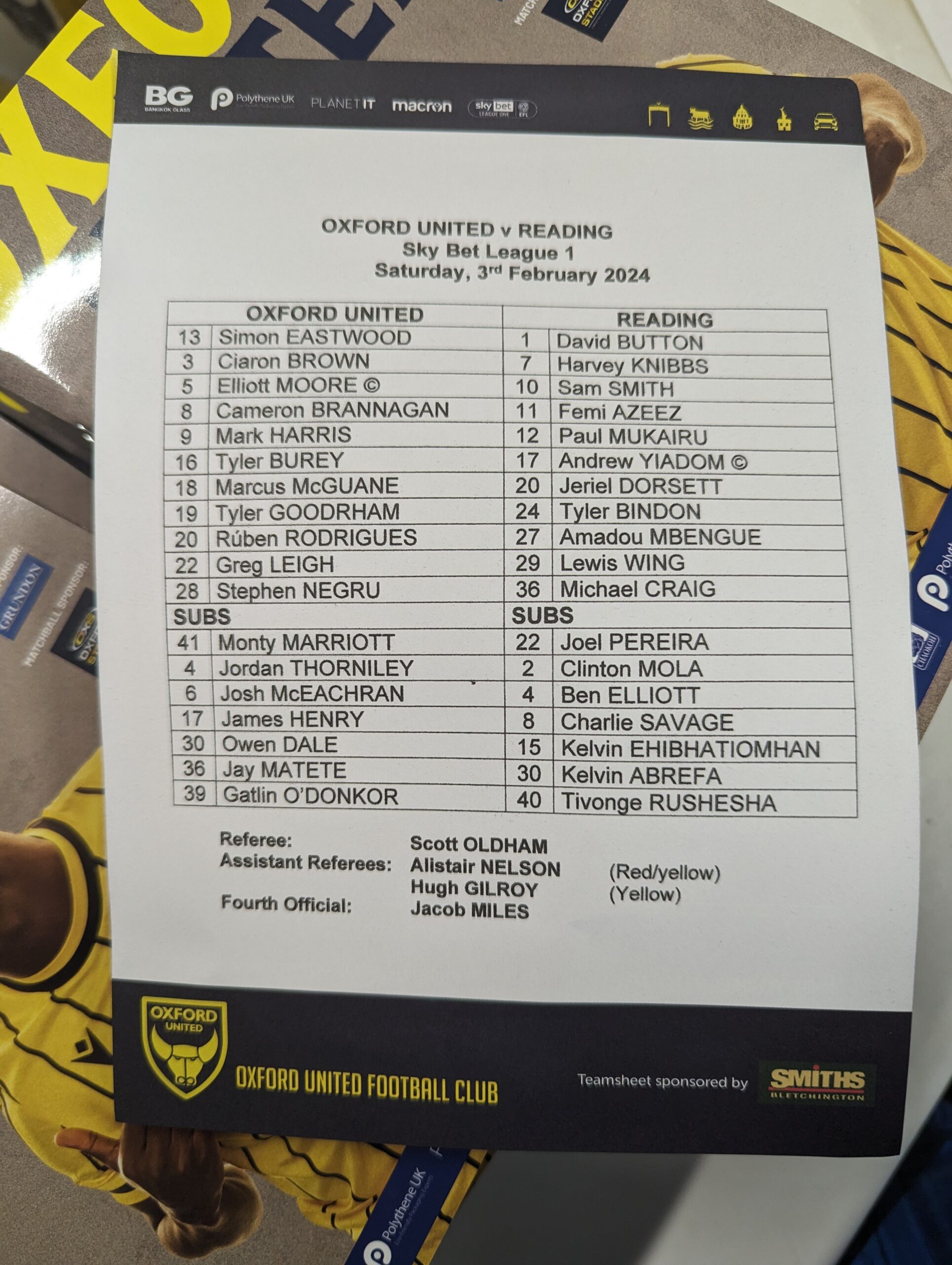 Oxford v Reading Team sheet